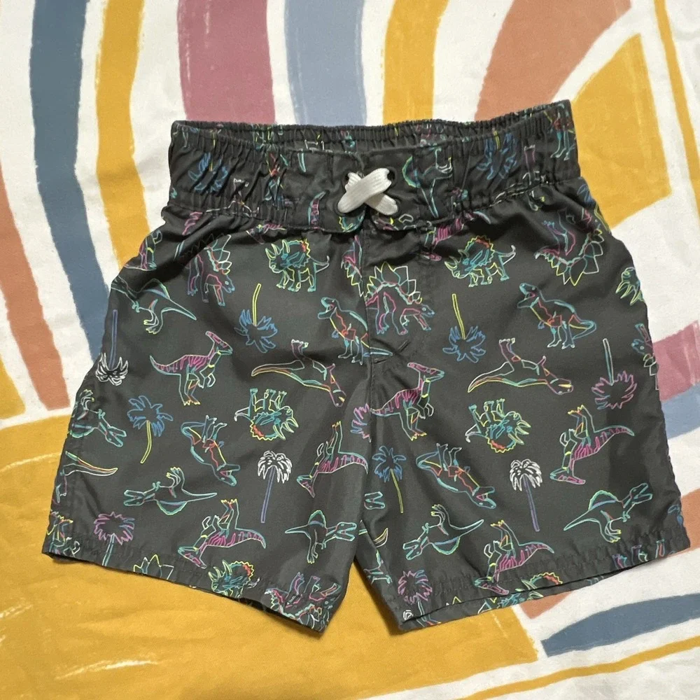 Cat & Jack Boys Swim Shorts 5T Black Dinosaur Print Lined Elastic Drawstring